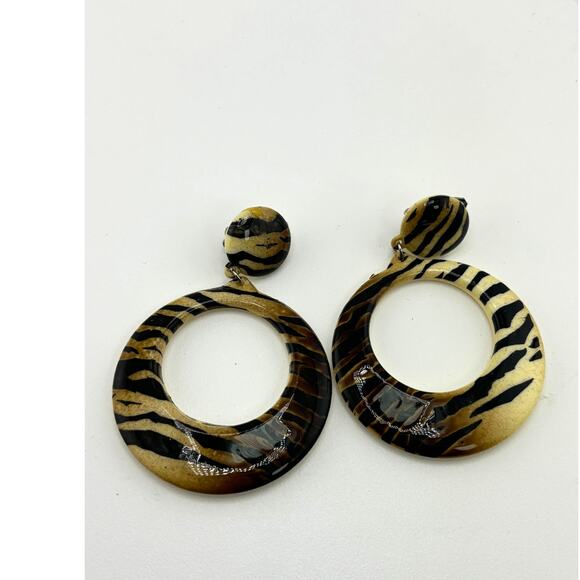 Vintage 80s Retro Zebra Stripe Circle Dangle Earrings - Black & Gold Tone - Picture 1 of 4